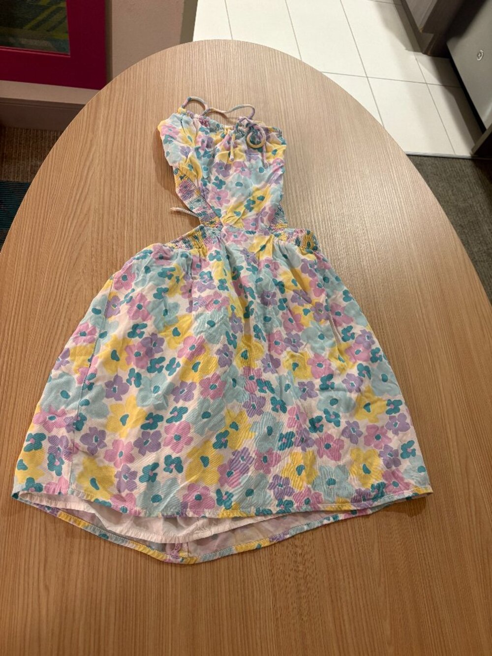 Sabo Sun Dress Large White Pastel Floral Print Cut Outs Tie Back Lined Beach